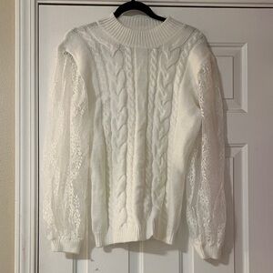Suzanne Betro White Cable Knit Sweater with Lace Details
